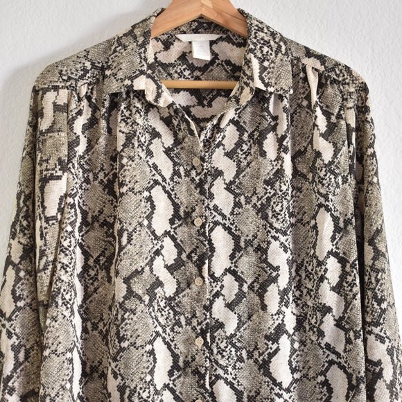 H&M Beige Snakeskin Pattern Chiffon Long Sleeve Blouse - Picture 7 of 14